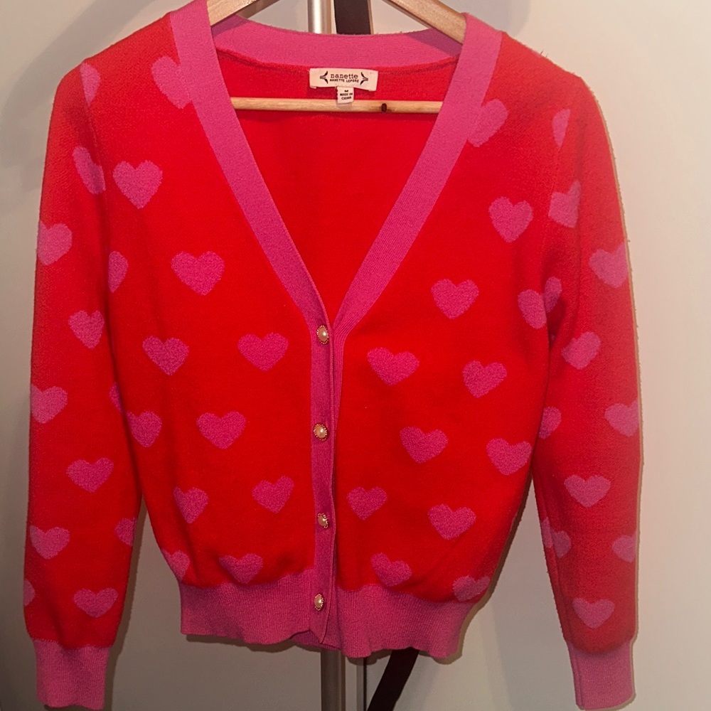 Nanette Lepore Red Cardigan with Pink Heart Pattern